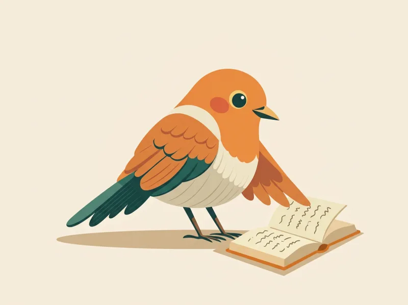Birdie, the nested bird, reading a small open book